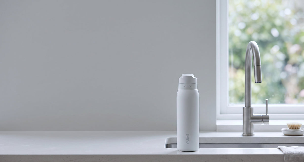 White VARAE bottle on a pale stone kitchen sink beside a brushed metal tap, garden window light