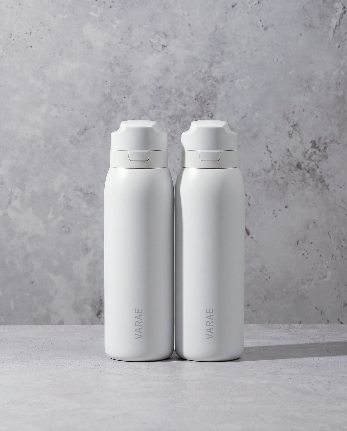 VARAE Duo, two white filtered water bottles