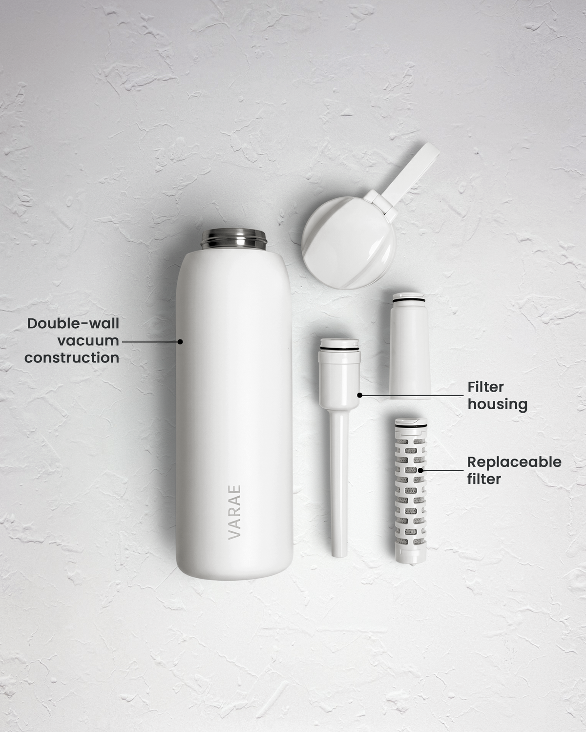 VARAE Pure bottle laid out in parts on a white plaster surface: double-wall vacuum body, filter housing and replaceable filter