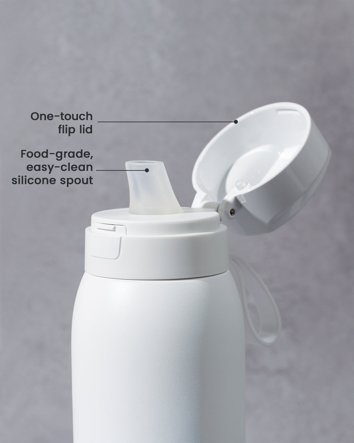 Close-up of the VARAE Pure lid open, labelled with the one-touch flip lid and the silicone spout